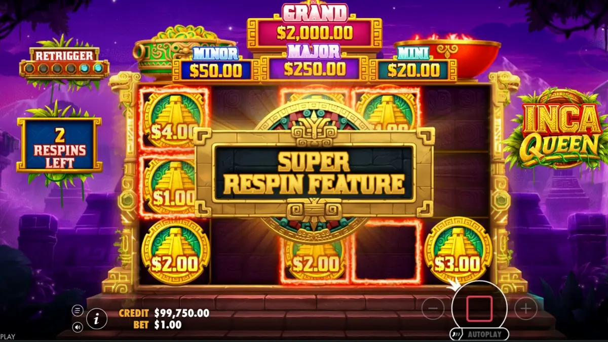 Tampilan visual slot Inca Queen dengan latar belakang kuil kuno dan pegunungan