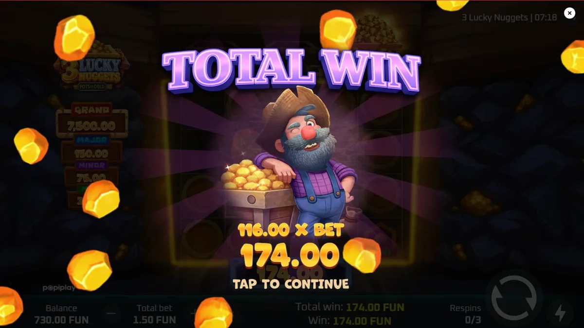 Tampilan visual slot 3 Lucky Nuggets dengan tema pertambangan emas dan karakter penambang.