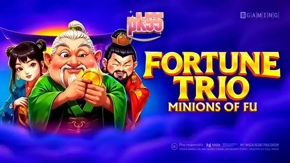 Tampilan visual slot Fortune Trio: Minions of Fu dengan simbol-simbol Asia yang cerah